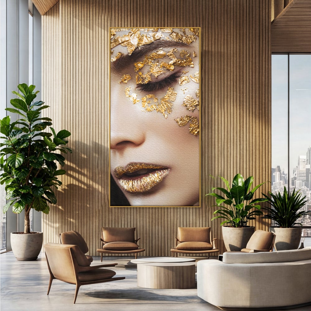 Tablou canvas cu portret feminin cu aplicatii aurii, in rama de aluminiu auriu, pe perete intr-un birou